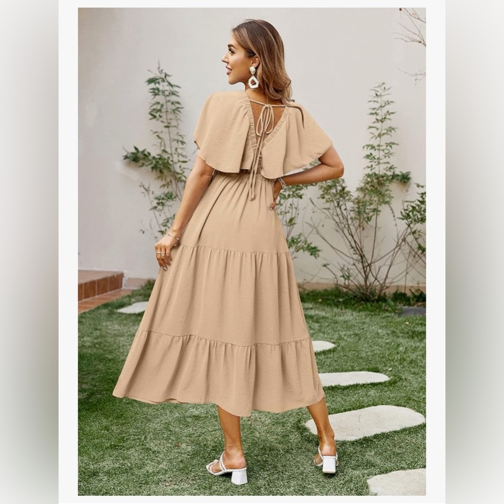 Boho Flowy Tan Maxi Dress | Tie Back V Neck | Neutral Dress | NWT | Small